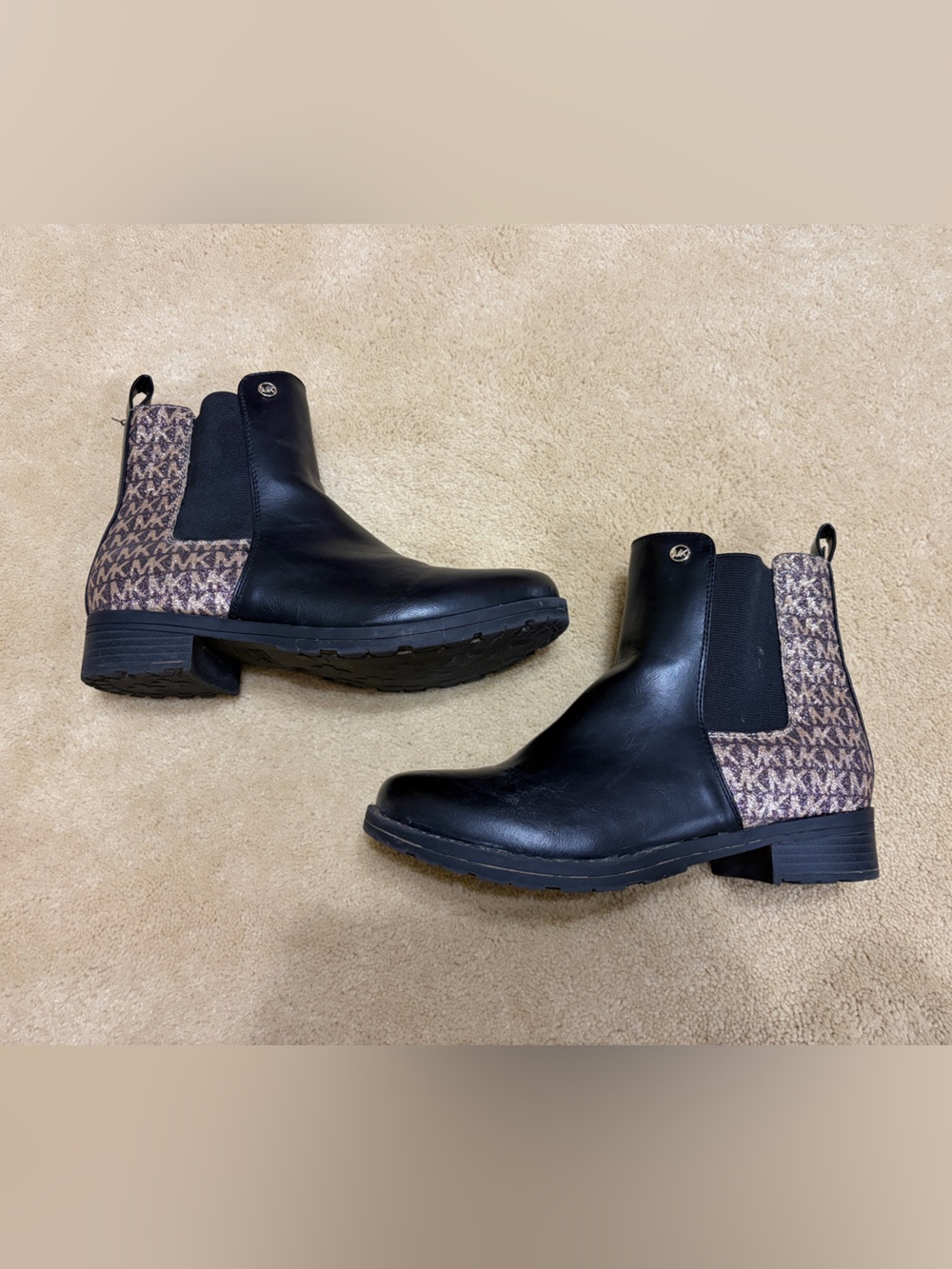 Michael Kors Black Leather Chelsea Ankle Boots with Brown MK Monogram Panels